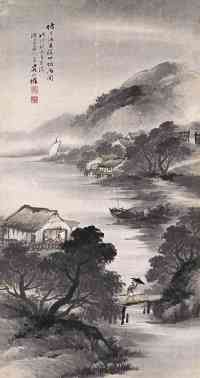 吴石僊 1898年作 溪山烟雨图 立轴